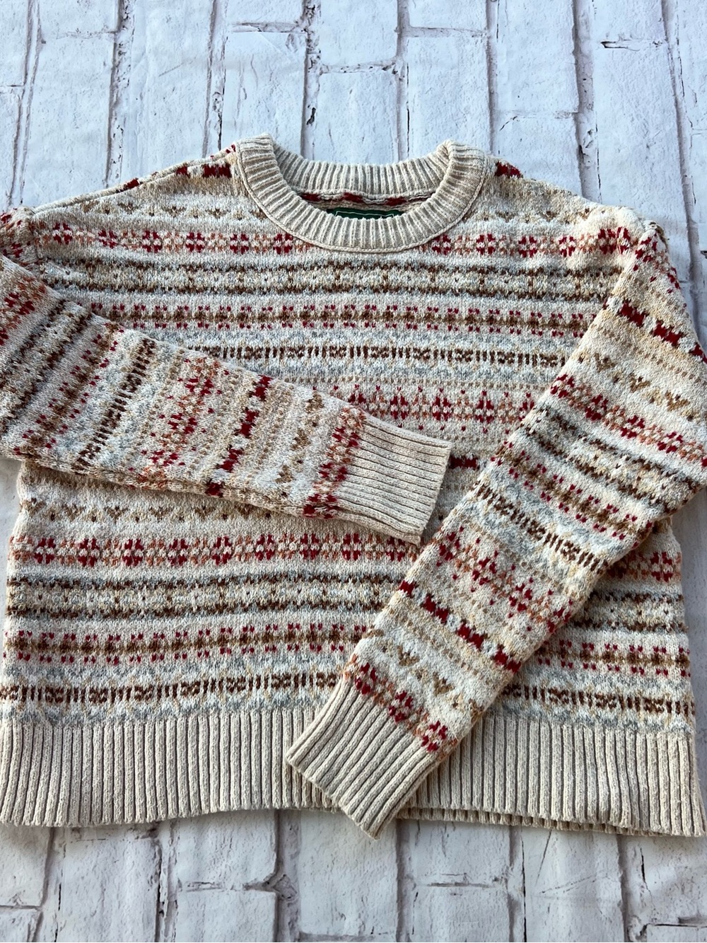 American Eagle Vintage Fair Isle Cream Knit Sweater with Red and Brown Stripes
